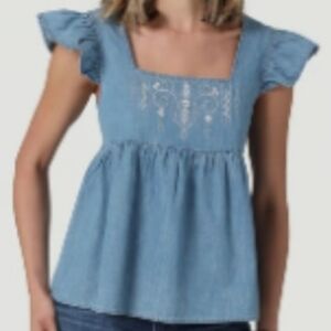 Wrangler Retro Floral  Embroidered Boho Western Cowgirl Flutter Sleeve Top XL